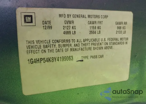 2000 Buick Lesabre Custom z USA, uszkodzony, nr VIN 1G4HP54K8Y4199063